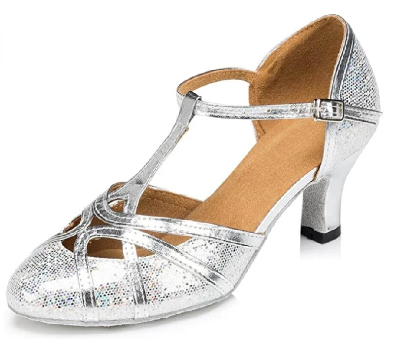 Women’s Dress Sandals Silver Glitter T Straps Ballroom Closed Toe Dance Shoes