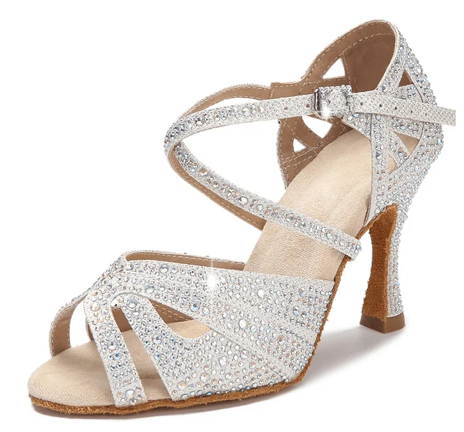 Stylish Running Footwear Womens Latin Dance Shoes Silver Rhinestone Salsa Shoes