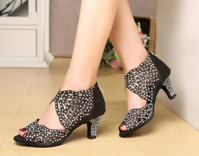 Elegant Wedding Shoes Black Satin Crystal Ballroom Dance Shoes Latin Salsa Performance Dance Shoes Clearance