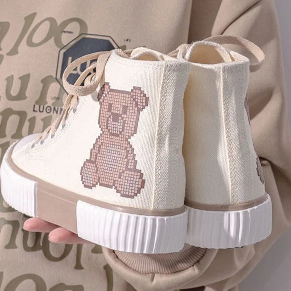Lightweight Hiking Shoes Womens Teenager Cute Bear High Top Canvas