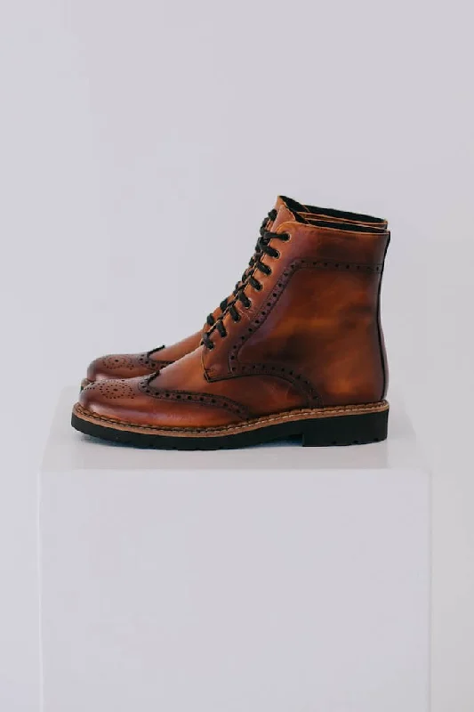 Luxury Leather Sneakers Aurora Lace-up Brogue Boots - Cognac Leather