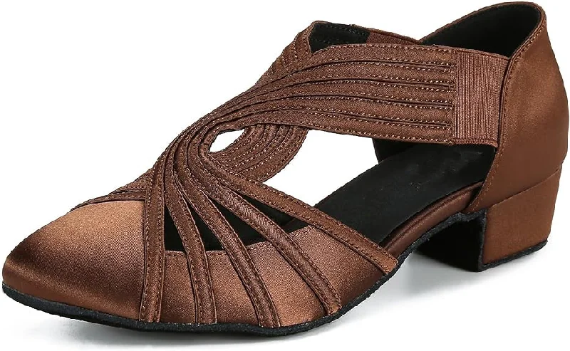 Women’s Comfortable Sandals Coffee Brown Satin Closed Toe Ballroom Smooth Dance Shoes Low Heel Dancing Shoes