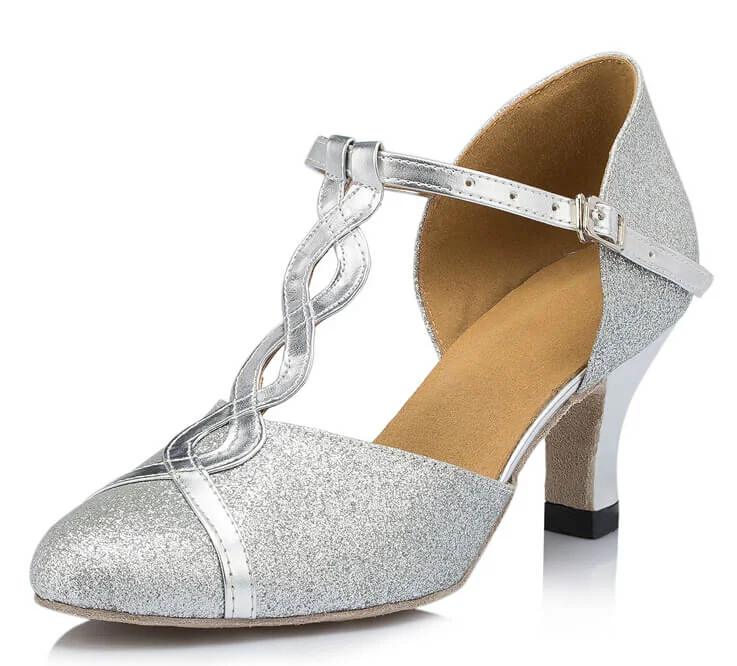 Women’s Slip-On Shoes Silver Glitter Ballroom Closed Toe Dance Shoes Latin Salsa Shoes