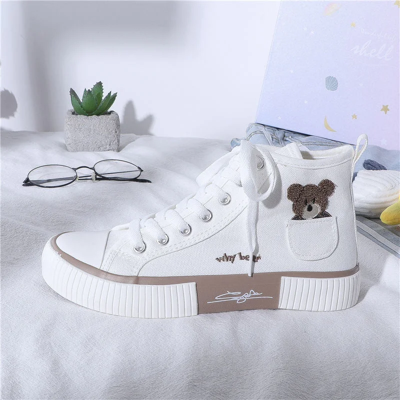 Casual Walking Boots Womens Cute Bear Canvas Sneakers High Top