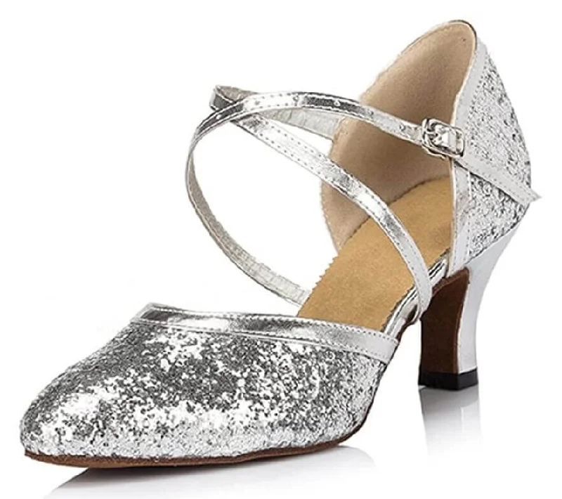 Women’s Fashion Sandals Silver Glitter Ballroom Dance Shoes Latin Salsa Closed Toe Dance Heels