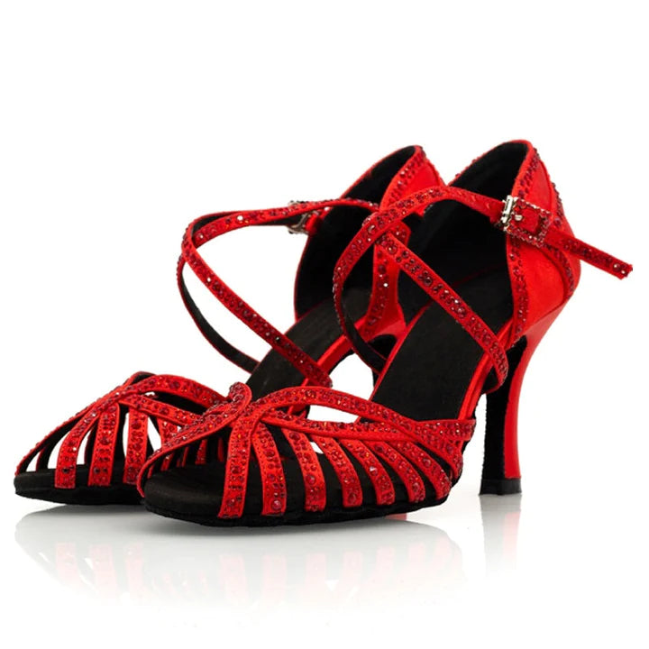 Fashionable Work Boots Womens Latin Dance Shoes Red Rhinestone