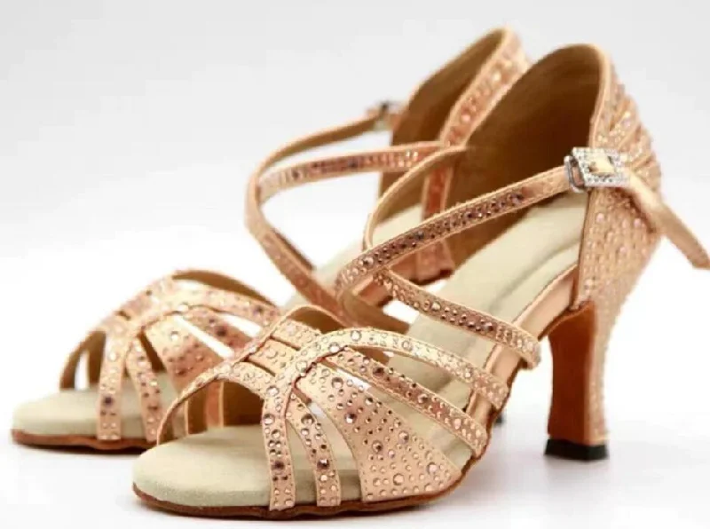 Durable Snow Boots Salsa Dance Shoes Rhinestone Nude Color For Women