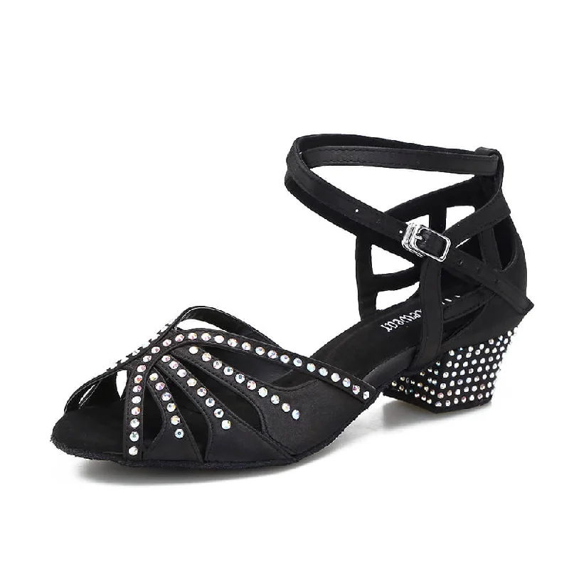 Women’s Boat Shoes Black Rhinestone Ballroom Cuban Heel Dance Shoes Latin Salsa Dancing Shoes