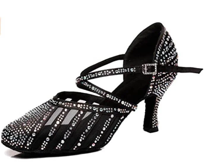 Comfortable Heels For Women Black Rhinestone Closed Toe Dance Shoes Smooth Ballroom Shoes