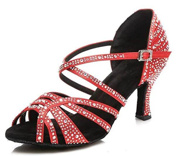 Designer Hiking Boots Red Rhinestone Ballroom Dancing Shoes Latin Salsa Dance Shoes