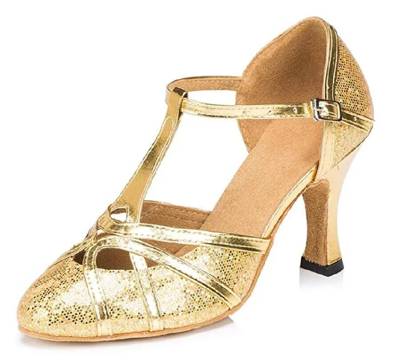 Women’s Flats For Work Gold Glitter T Straps Ballroom Latin Salsa Waltz Dance Shoes