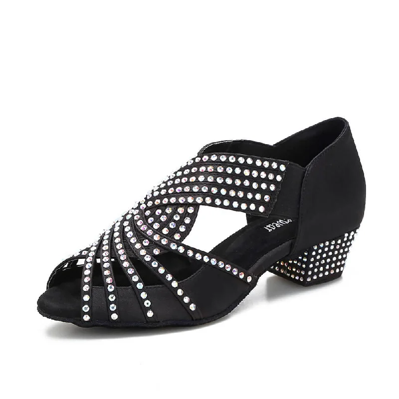 Affordable Women’s Shoes Black Rhinestone Ballroom Cuban Heel Dancing Shoes Latin Salsa Dance Shoes