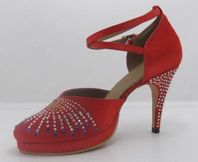 Comfortable Hiking Sandals Red Rhinestone Closed Toe Samba Platform Dance Shoes