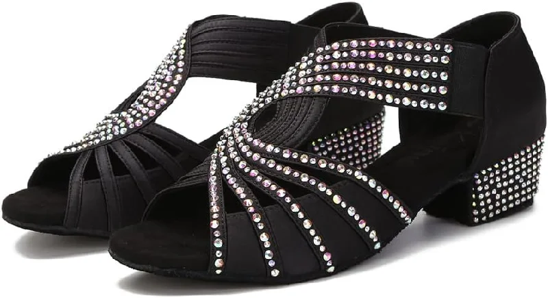 Women’s Ballet Flats Low Heel Dance Shoes Black Rhinestone for Ballroom Salsa Latin