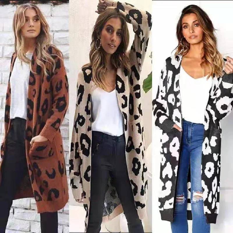 Women’s Casual Outerwear Animal Print Long Maxi Cardigan Sweater