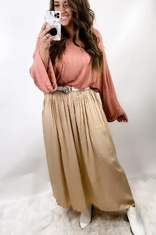 Chic Fashion For Women Side Hustle- Beige Maxi Skirt w/ Side Slits & Pockets