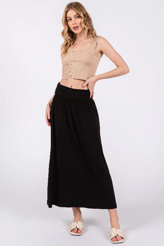 Stylish Women’s Footwear Black Fold-Over Maxi Skirt