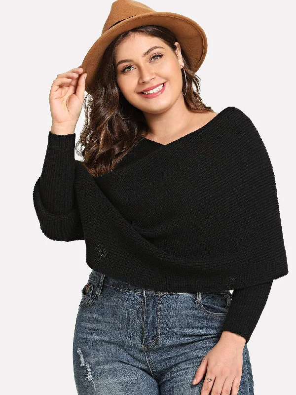 Stylish Business Wear Plus Surplice Neck Solid Cape Jumper