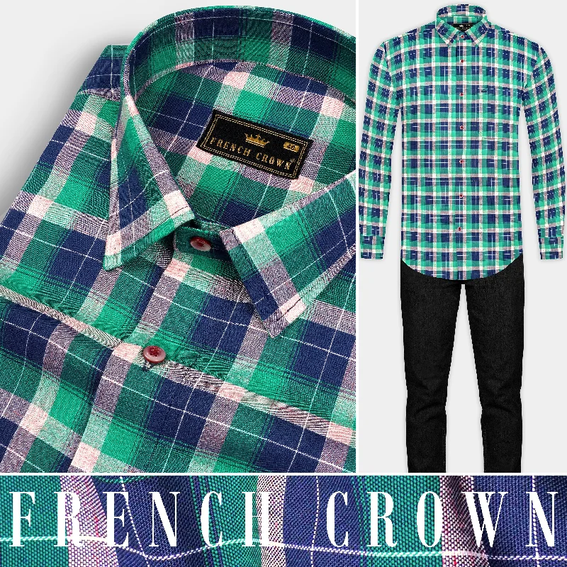 Women’s Trendy Outerwear Chambray Blue and Topaz Green Plaid Royal Oxford Shirt