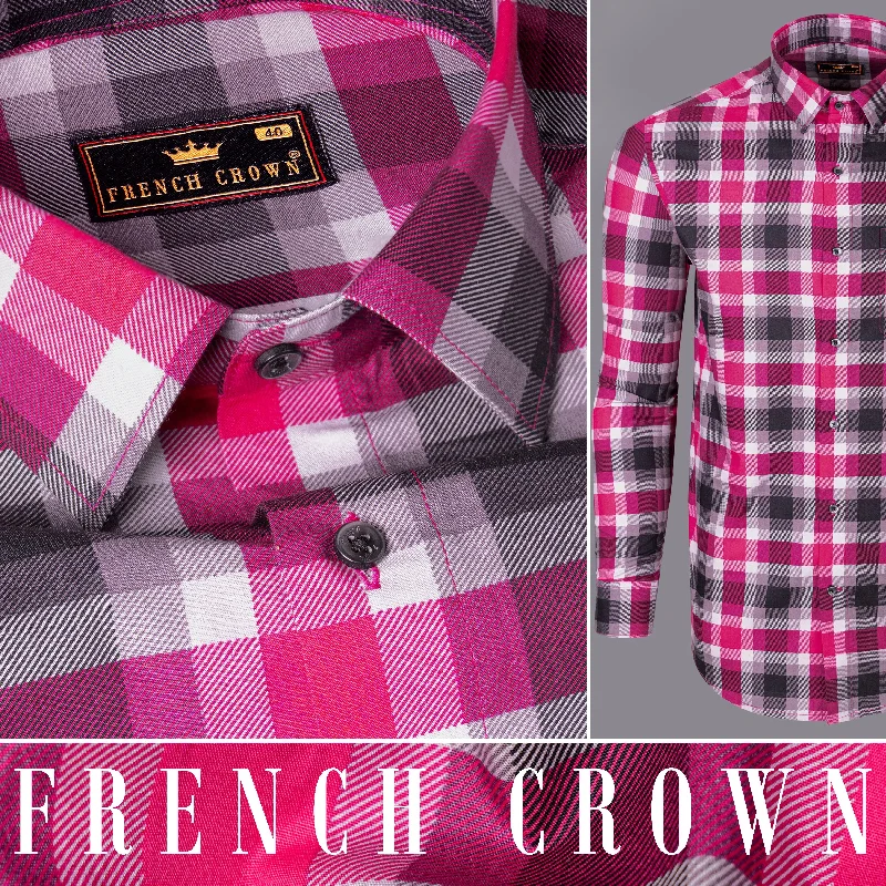 Fashionable Outerwear Ruby Pink with Jade Black and White Plaid Royal Oxford Shirt