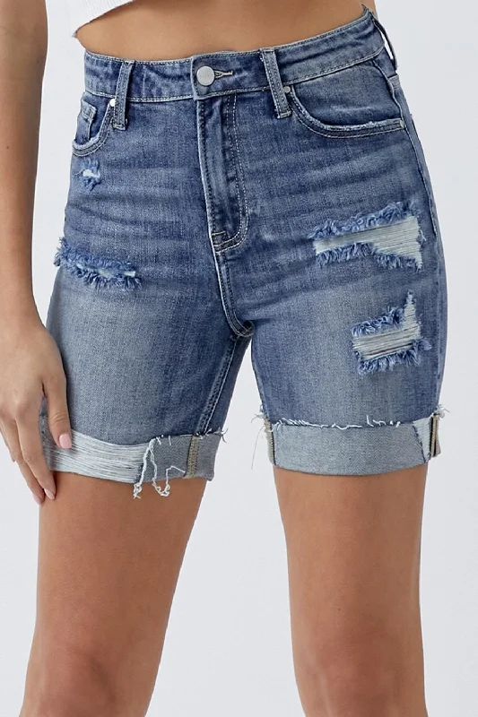 Women’s Modern Fashion RISEN Full Size Distressed Rolled Denim Shorts with Pockets