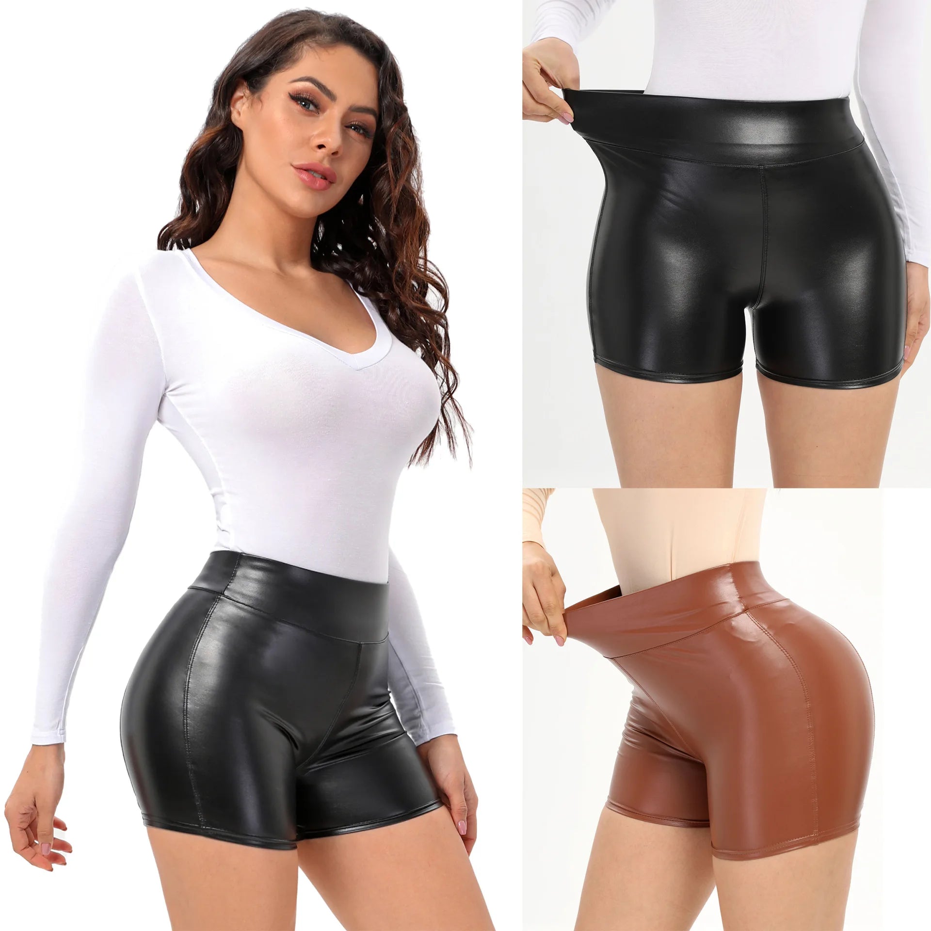 Fashionable Outerwear PU Leather Biker Shorts (Black/Brown)