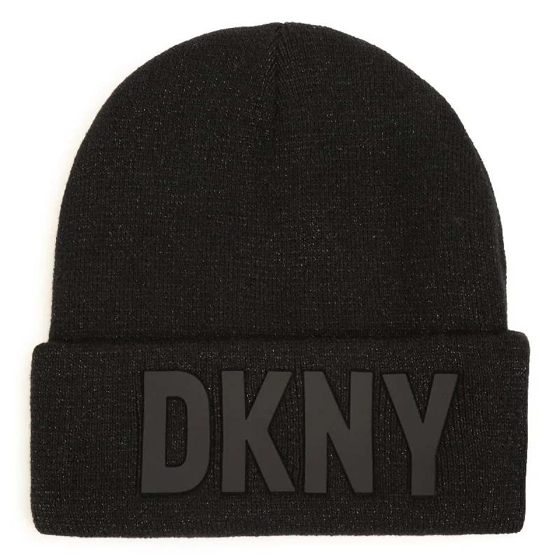 Women’s Trendy Bottoms DKNY Shimmer Beanie - Black Rubberized Logo