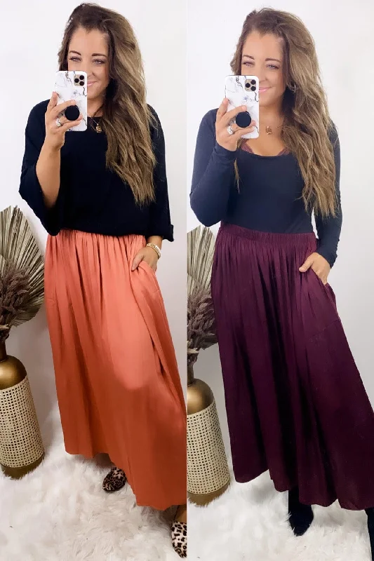 Comfortable Summer Pants Side Hustle- {Burgundy & Salmon} Maxi Skirt w/ Side Slits & Pockets