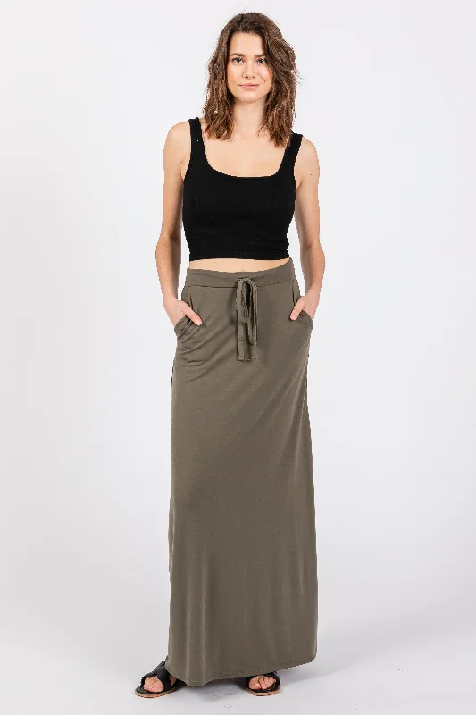 Women’s Wool Coats Light Olive Drawstring Maxi Skirt