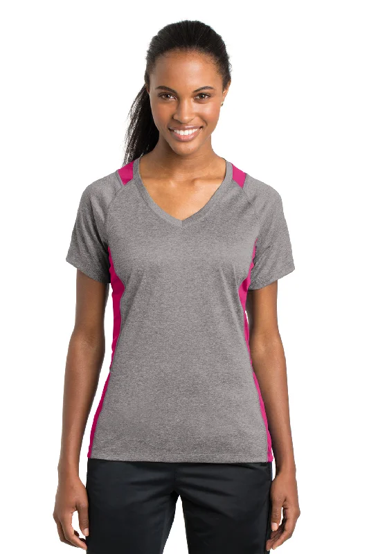 Plus Size Work Dresses Sport-Tek Womens Contender Heather Moisture Wicking Short Sleeve V-Neck T-Shirt - Heather Vintage Grey/Raspberry Pink - Closeout