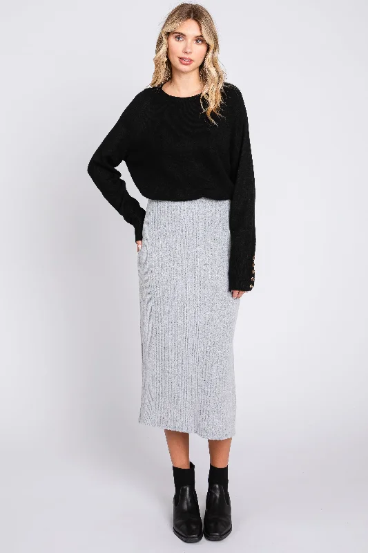 Women’s Work Outfits Online Heather Grey Soft Knit Ribbed Side Slit Midi Skirt