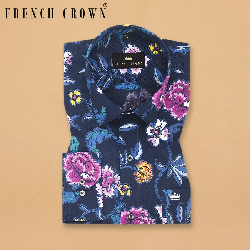 Women’s Denim Coats Navy Colourful Flower Printed Beach Shirt