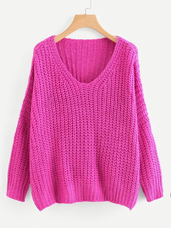 Comfortable Skirts For Women Neon Pink Plus Solid V Neck Sweater