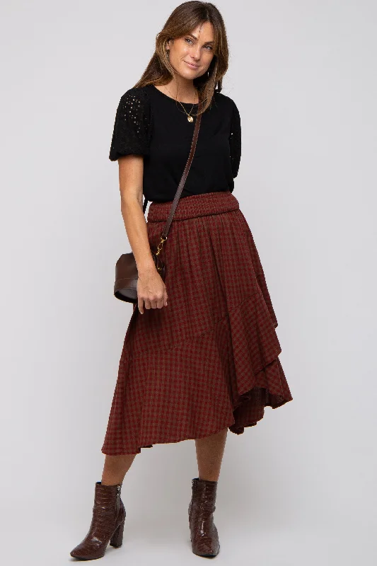 Women’s Office Tops Burgundy Plaid Ruffle Midi Skirt