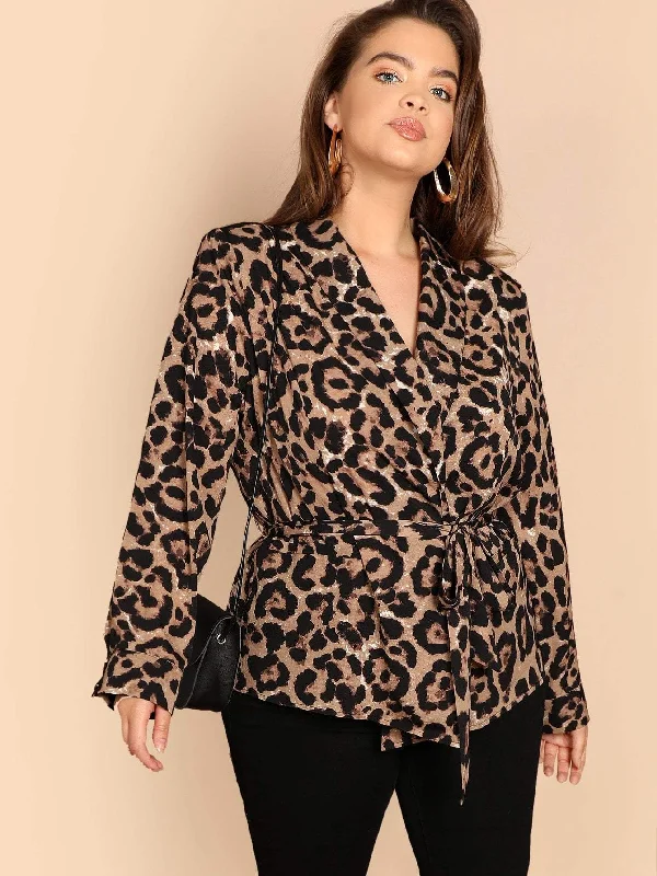 Stylish Fashion Outfits Plus Shawl Collar Belted Leopard Blazer