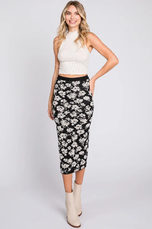 Elegant Shoes For Work Black Floral Knit Midi Skirt