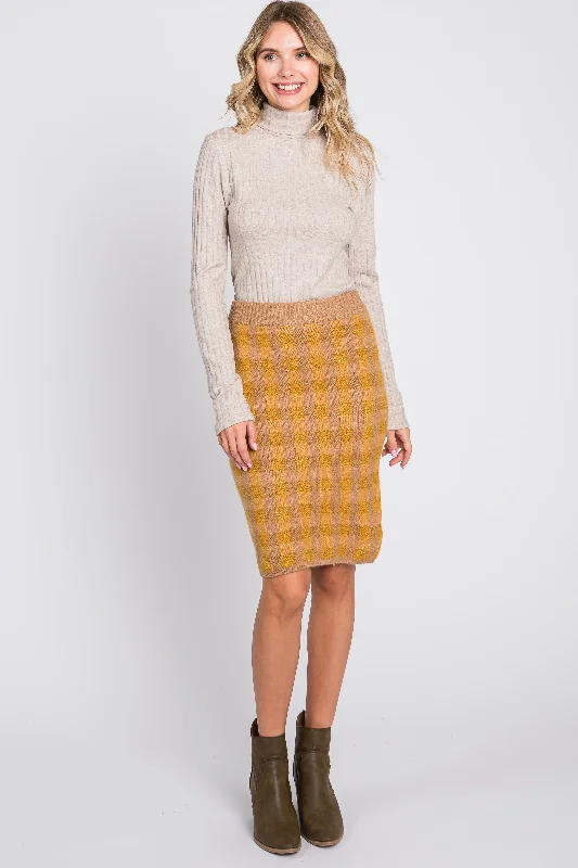 Winter Fashion For Women Camel Plaid Fuzzy Knit Fitted Skirt