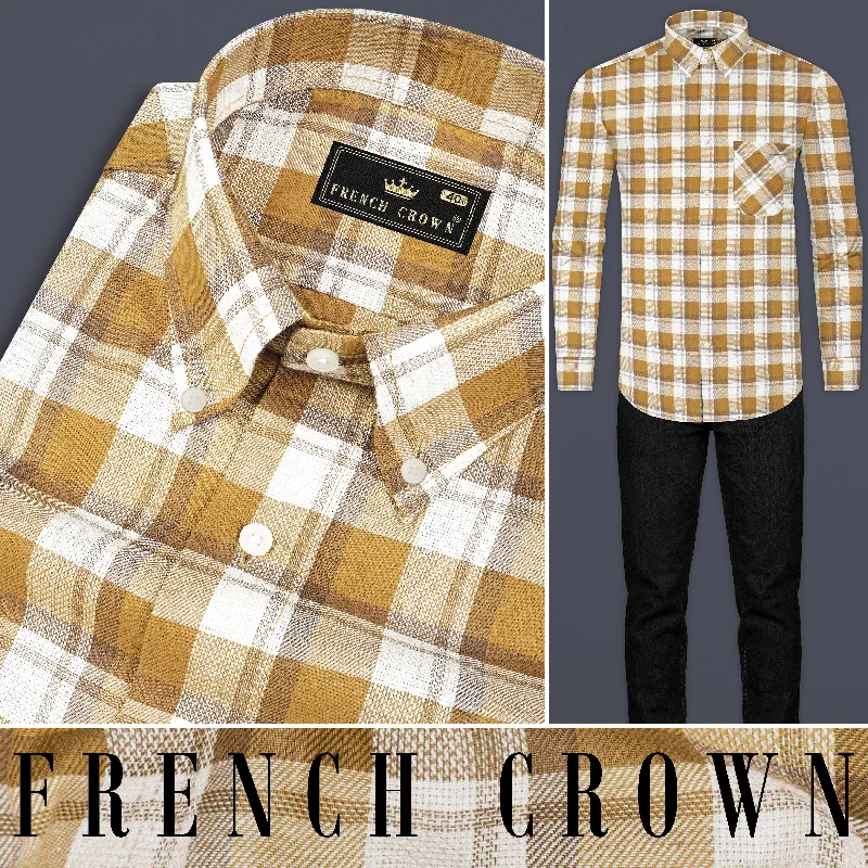 Women’s Work Outfits Online Casablanca Brown with Bright White Plaid Dobby Textured Premium Giza Cotton Shirt