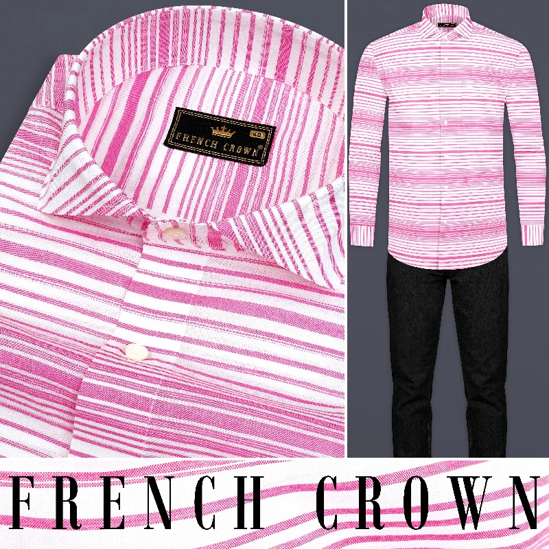 Women’s Office Dresses Bright White and Deep Blush Striped Premium Cotton Shirt