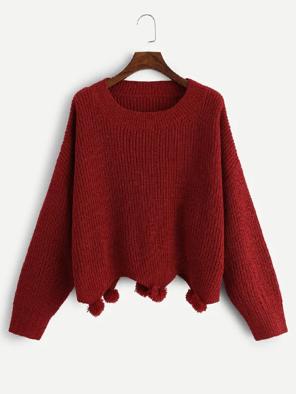 Trendy Outerwear For Women Plus Drop Shoulder Pompom Hem Sweater