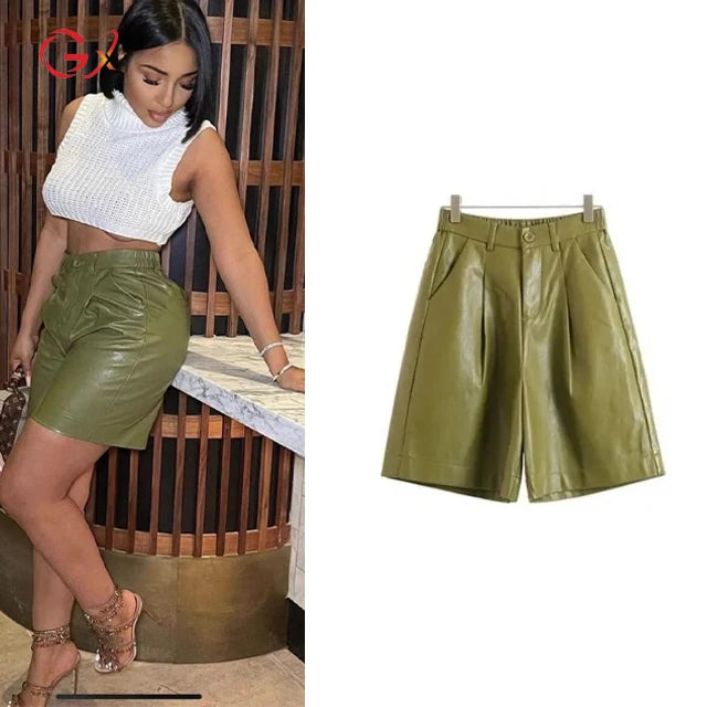 Winter Fashion For Work Wide Leg Elastic High Waist PU Leather Shorts (Green, Khaki, Black)