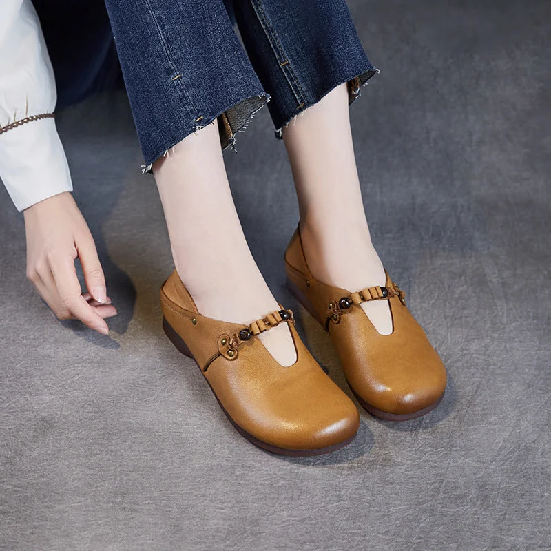 Women Vintage Plain Soft Leather Casual Flats