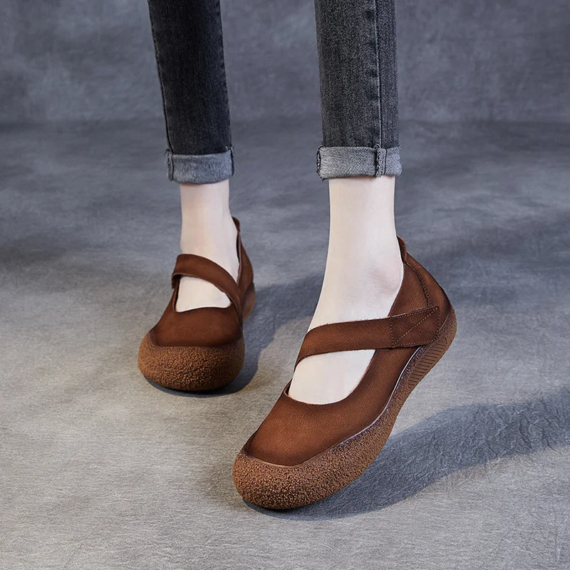Women Vintage Leather Velcro Soft Casual Flats
