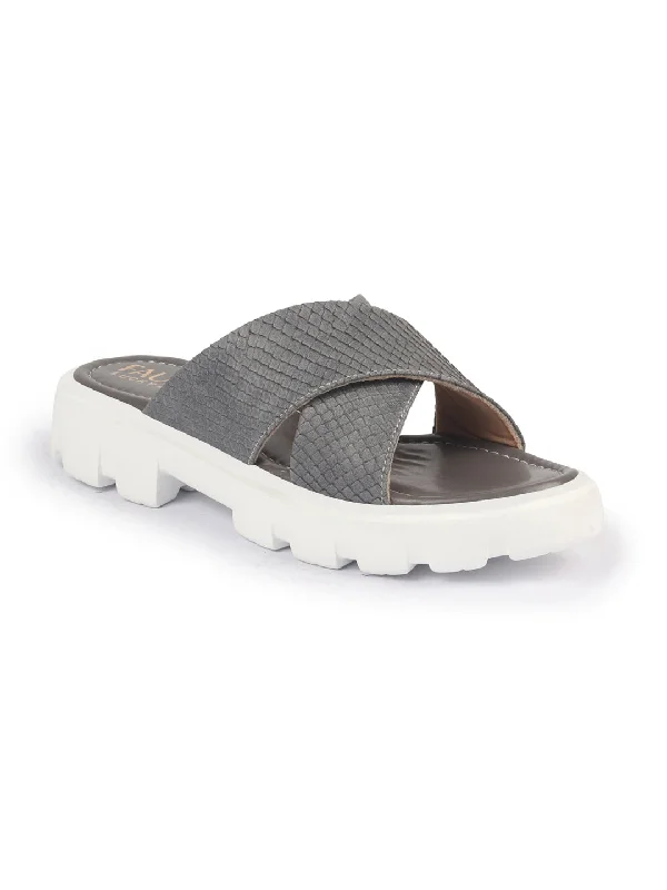 Exclusive price on wearFAUSTO Women Grey Open Toe Cross Strap Textured Slip On Platform Heel Sandal With Cushioned Footbed|Height Enhancer Slippers Exclusive price on wearFAUSTO Women Grey Open Toe Cross Strap Textured Slip On Platform Heel Sandal With Cushioned Footbed|Height Enhancer Slippers