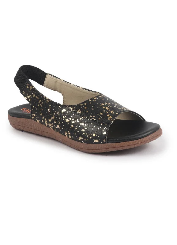 Shop Comfortably at Home FAUSTO Women Black Shiny Textured Elastic Back Strap Peep Toe Flat Sandal With Cushioned Footbed|Party|Dress|Ethnic