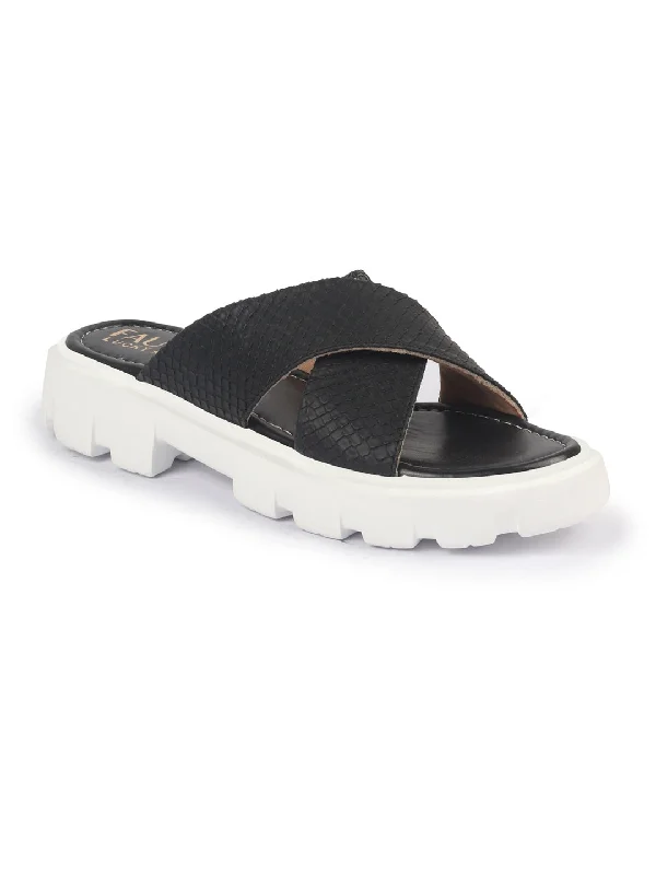 Promotion for tall sizes wear FAUSTO Women Black Open Toe Cross Strap Textured Slip On Platform Heel Sandal With Cushioned Footbed|Height Enhancer Slippers Promotion for tall sizes wear FAUSTO Women Black Open Toe Cross Strap Textured Slip On Platform Heel Sandal With Cushioned Footbed|Height Enhancer Slippers