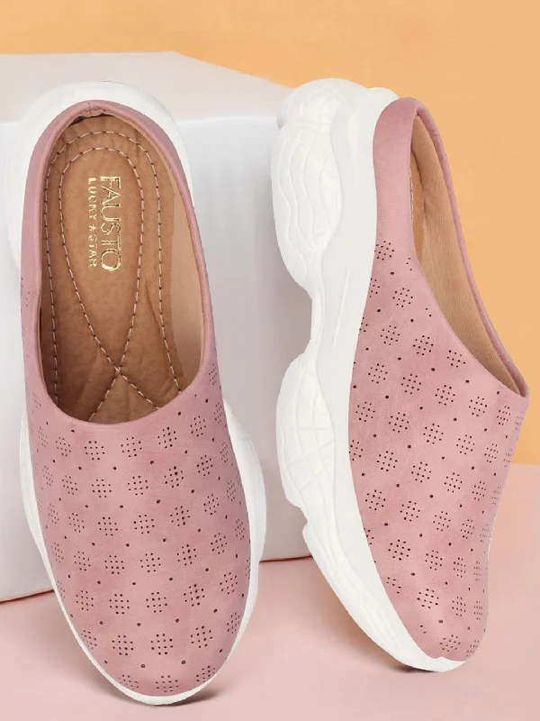 Buy more, save on cotton wear Women Pink Back Open Classic Design Slip On Mules Shoes