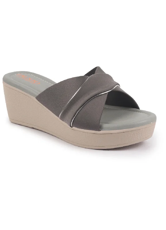 Deals for party wear  FAUSTO Women Grey Silver Lining Open Toe Cross Strap Wedge Slip On Sandal With Cushioned Footbed|Sandal For Party|Festive|Wedding
