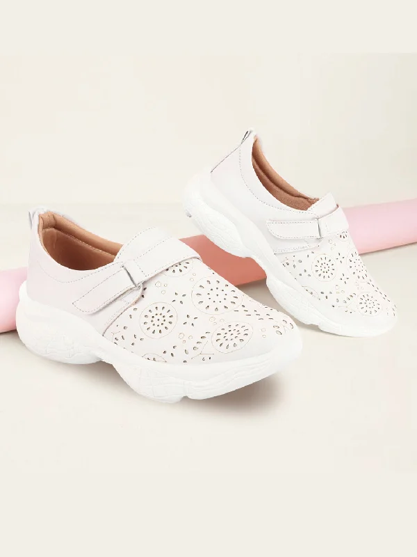Exclusive Offers for Our Valued Customers Women White Laser Cut Design Stitched Back Open Hook & Loop Buckle Mules Shoes Exclusive Offers for Our Valued Customers Women White Laser Cut Design Stitched Back Open Hook & Loop Buckle Mules Shoes