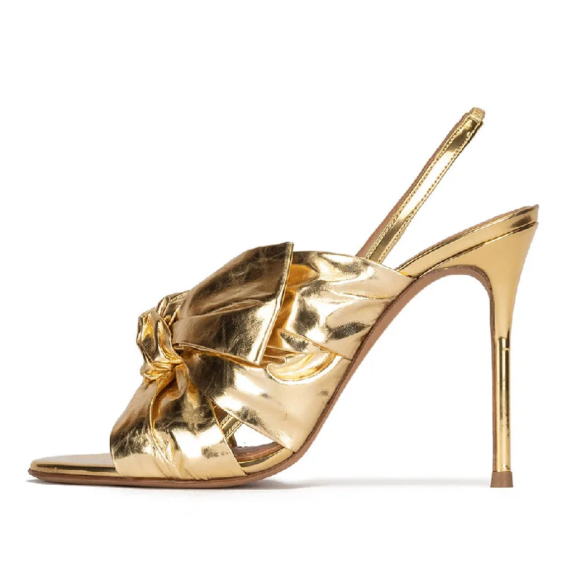 Comfortable Women’s Shoes Luxury Metallic Bow Detail Round Toe Stiletto Slingback Sandals - Gold